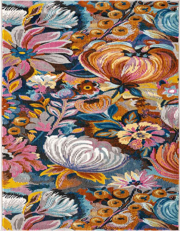A vibrant 6 ft runner rug with a multi-colored tropical floral pattern, featuring large blooms in pink, orange, blue, and white on a dark background.
