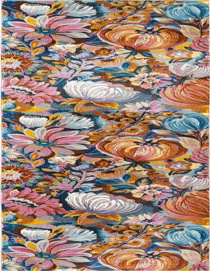 A vibrant 12 ft runner rug from the Blossom collection, featuring a multi-colored tropical floral pattern with large pink, orange, and blue blooms on a dark background, ideal for a hallway.