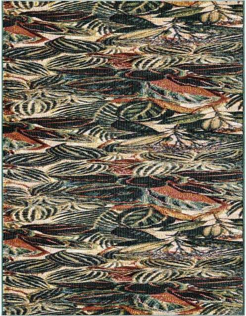 A multi-colored 8 ft runner rug featuring a modern botanical and floral pattern in shades of green, brown, and cream, ideal for a hallway or kitchen.