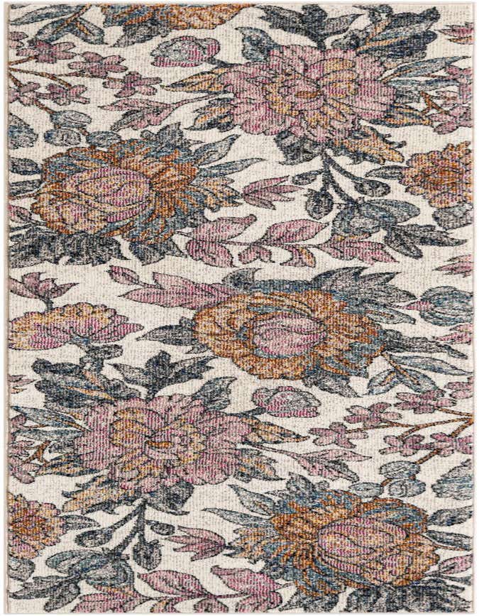 A multi-colored 6 ft runner rug with an intricate floral pattern featuring large pink, orange, and blue flowers with grey leaves on a light background.