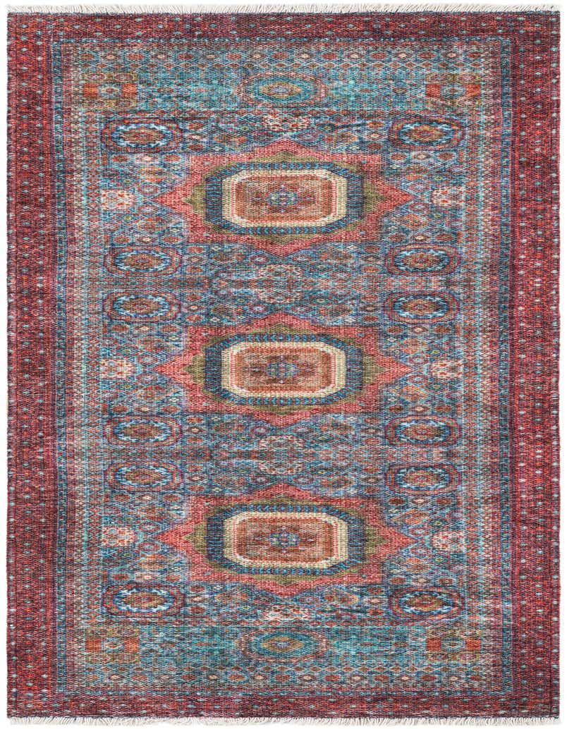 A multi-colored 5 ft runner rug with a traditional medallion pattern in red, blue, and teal, perfect for a hallway.