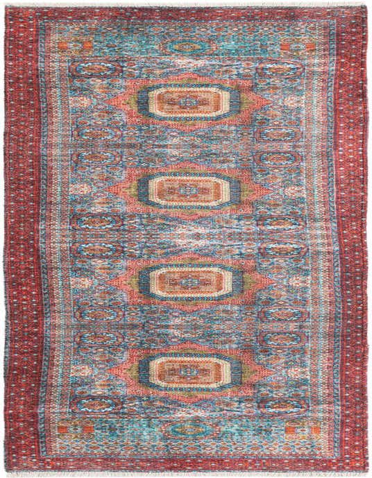 A vibrant 8 ft multi-colored runner rug with a traditional medallion pattern, featuring shades of red, blue, and orange, ideal for a hallway.