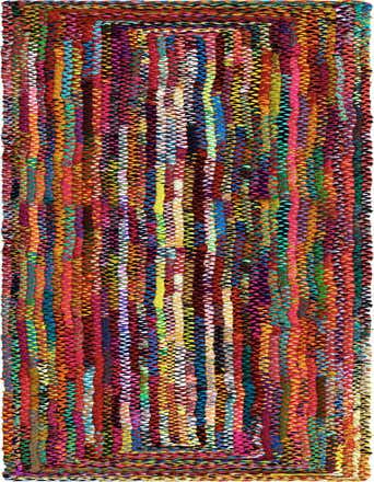 A vibrant, multi-colored braided cotton runner rug, 16 ft long, featuring a textured, transitional design perfect for hallways.