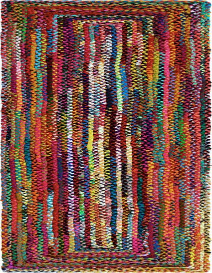 A vibrant, multi-colored 13 ft cotton braided chindi runner rug, handmade with recycled materials, perfect for a hallway.