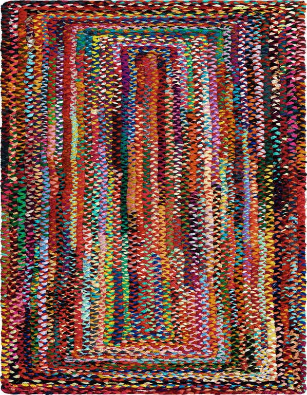 A vibrant, multi-colored braided cotton runner rug with a textured, flatweave construction, ideal for a hallway.