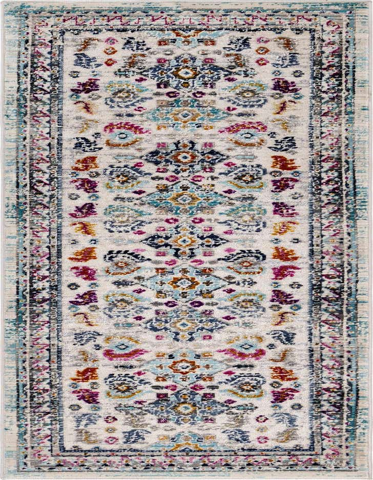A 6 ft multi-colored runner rug with a distressed Bohemian floral pattern, ideal for a hallway.