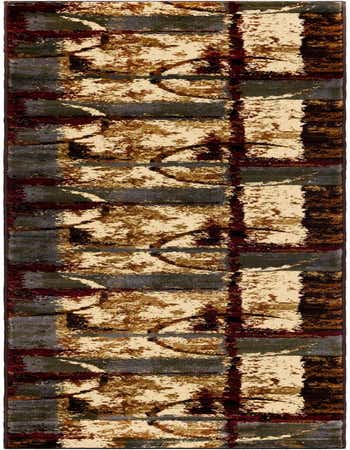 A 12 ft runner rug with an abstract, multi-colored pattern in shades of cream, brown, maroon, and grey, ideal for a hallway.