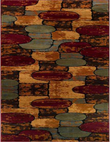 A 12 ft runner rug with a modern, abstract pattern of multi-colored blocks and circles in shades of red, gold, brown, and blue-green, perfect for a hallway.