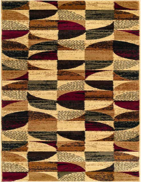 A multi-colored 8 ft runner rug with a modern geometric pattern of interlocking squares and quarter circles in shades of beige, brown, black, green, and maroon, ideal for a hallway or kitchen.