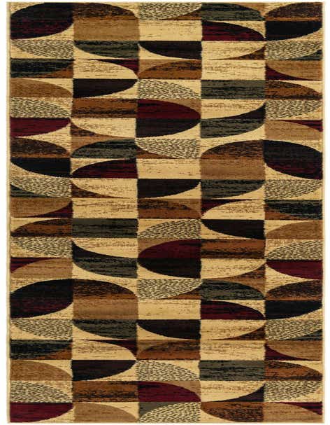 A 12 ft runner rug with a modern geometric pattern in multi-colored hues including beige, brown, black, and burgundy, ideal for a hallway.
