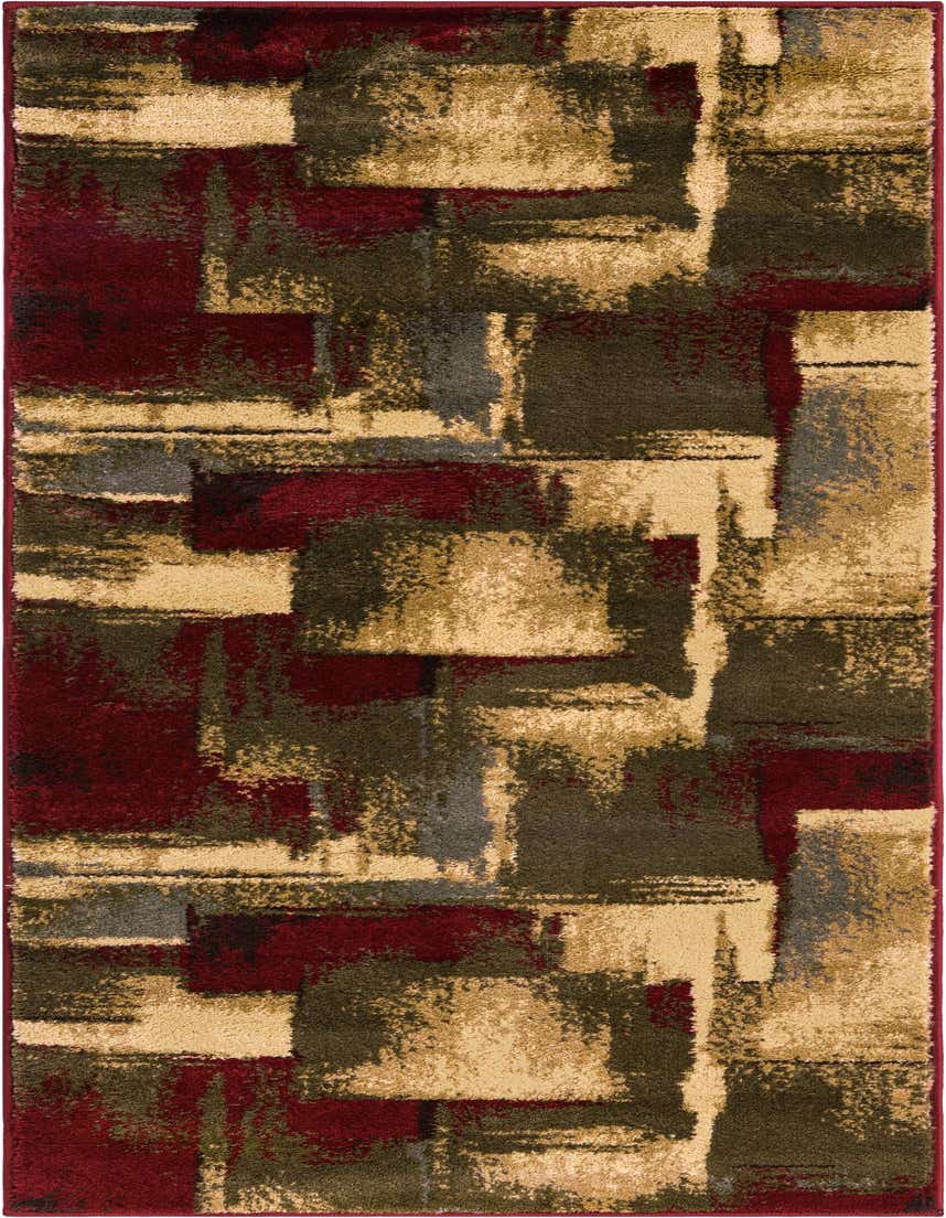 A 5 ft runner rug with an abstract, modern pattern in shades of red, beige, brown, and grey, ideal for a hallway.
