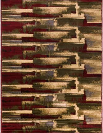 A 16 ft runner rug featuring an abstract pattern with brushstroke-like blocks in shades of red, beige, olive green, and gray, ideal for a hallway.