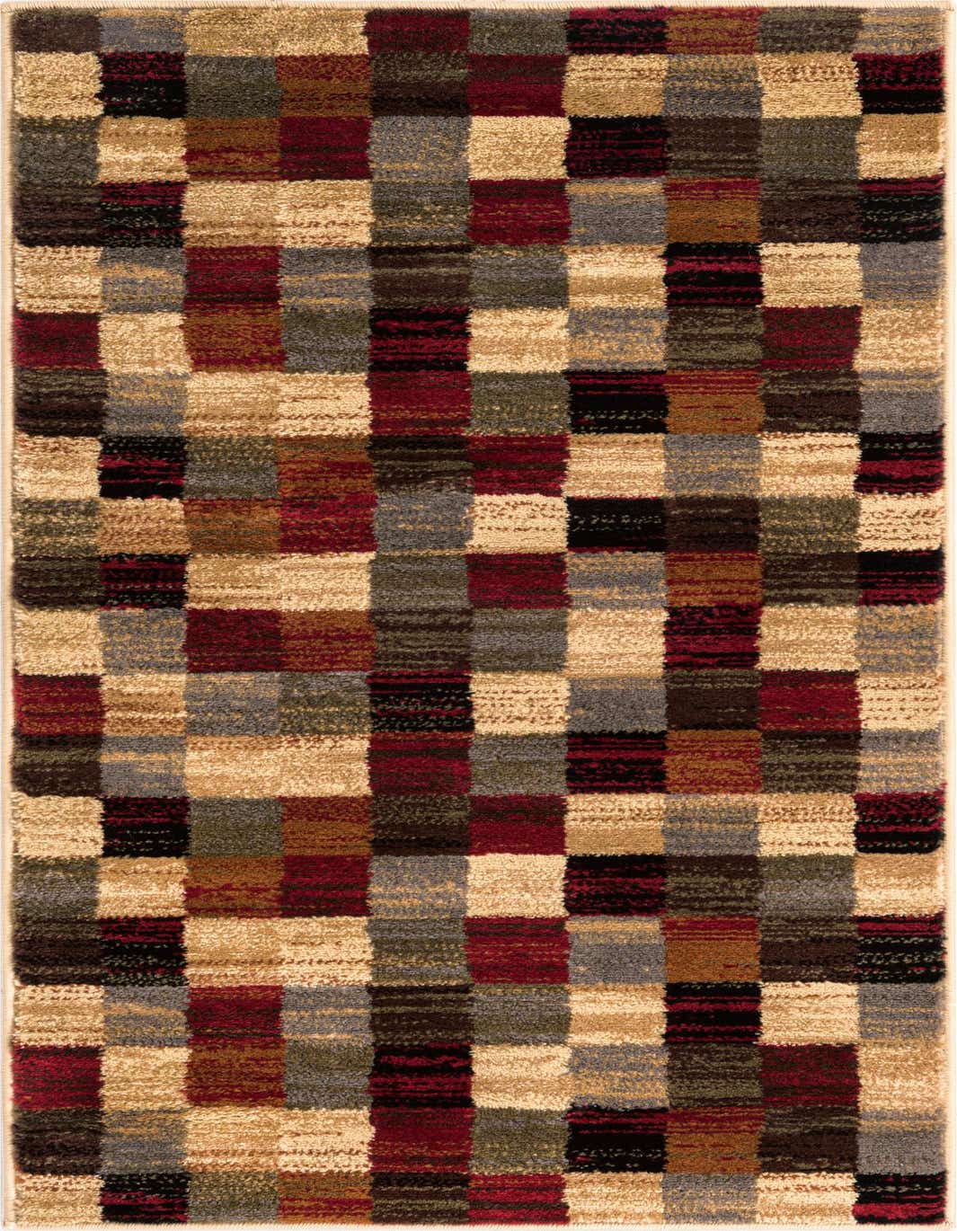A 4 ft runner rug featuring a modern abstract checkered pattern in shades of red, beige, brown, black, and gray, ideal for a hallway.