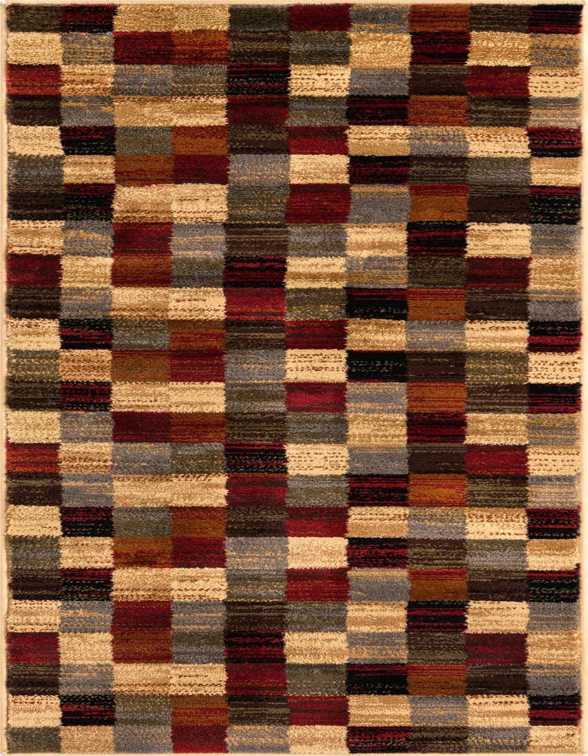 A 5 ft runner rug featuring a modern, abstract block pattern in multi-colored shades of red, brown, black, grey, and beige, ideal for a hallway.