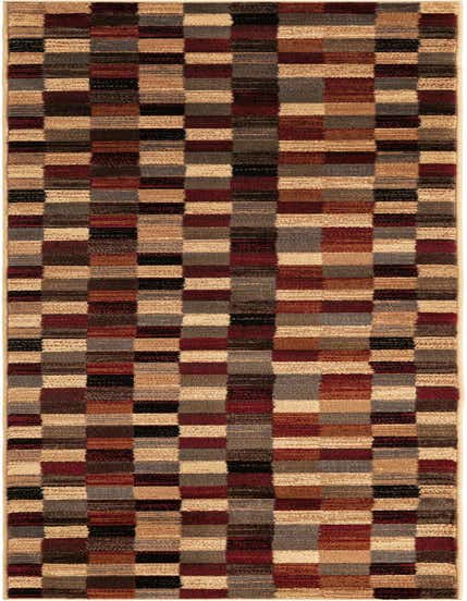 A 10 ft runner rug with a multi-colored abstract block pattern in shades of brown, red, black, and beige, ideal for a hallway.