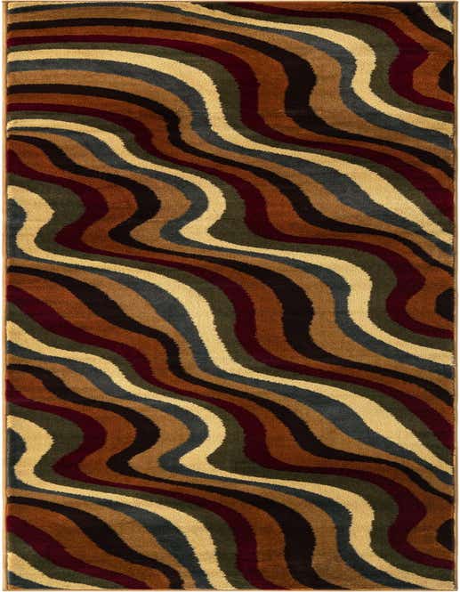 A 10 ft runner rug from the Rugs.com Cafe Collection, featuring a modern, multi-colored wavy stripe pattern in shades of brown, gold, burgundy, and dark green, ideal for a hallway.