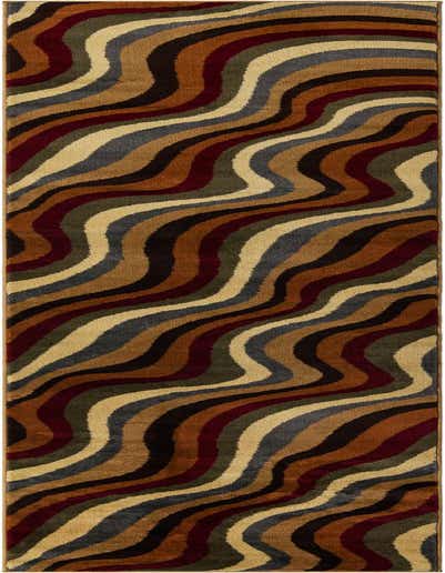 A 13 ft multi-colored modern runner rug with wavy stripes in shades of brown, gold, burgundy, and gray, ideal for a hallway.
