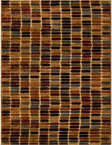A 13 ft runner rug featuring a modern multi-colored block pattern in shades of brown, black, blue, and red, ideal for a hallway.