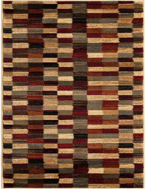 A multi-colored 8 ft runner rug with a patchwork design of various textured squares in shades of red, brown, black, and beige.