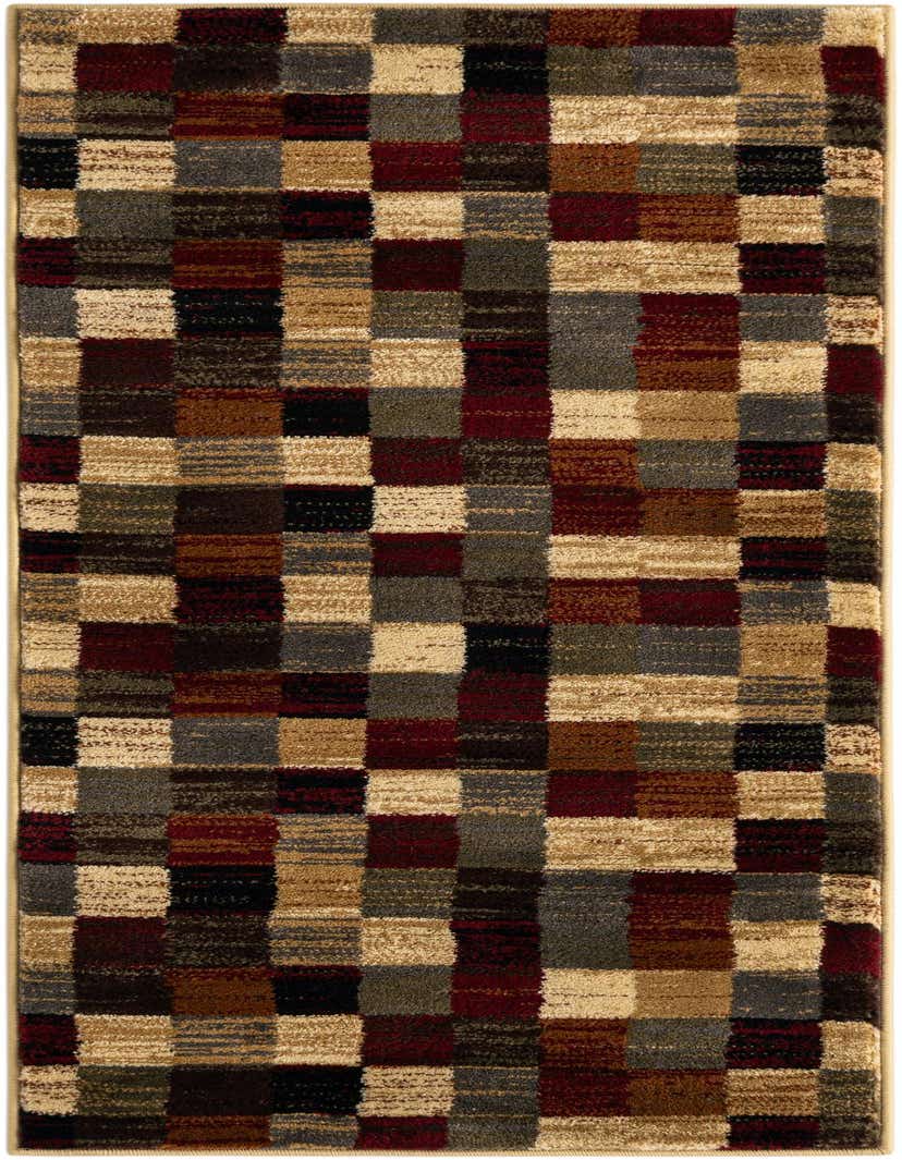 A 5 ft multi-colored runner rug with a checkered pattern in shades of red, brown, black, grey, and beige, ideal for a hallway.