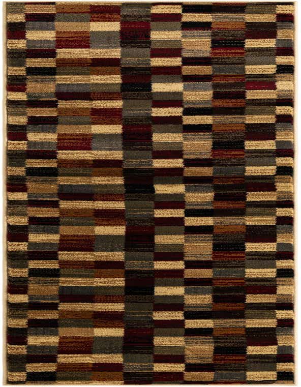 A 7 ft runner rug featuring a multi-colored checkered pattern with shades of beige, brown, grey, and burgundy, ideal for a hallway.