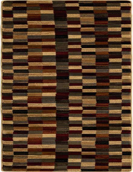 A 10 ft multi-colored runner rug featuring a textured checkerboard pattern in shades of brown, beige, red, and gray, ideal for a hallway.