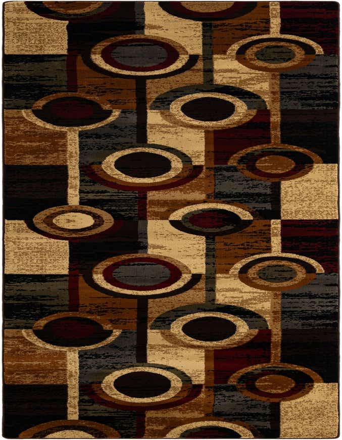 A 12 ft multi-colored runner rug with a modern geometric pattern of interlocking circles and abstract blocks in shades of black, brown, beige, and burgundy.