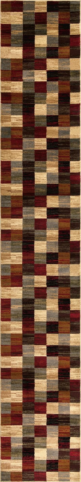 A 16 ft multi-colored runner rug featuring a modern abstract block pattern in various shades of red, brown, beige, and grey.