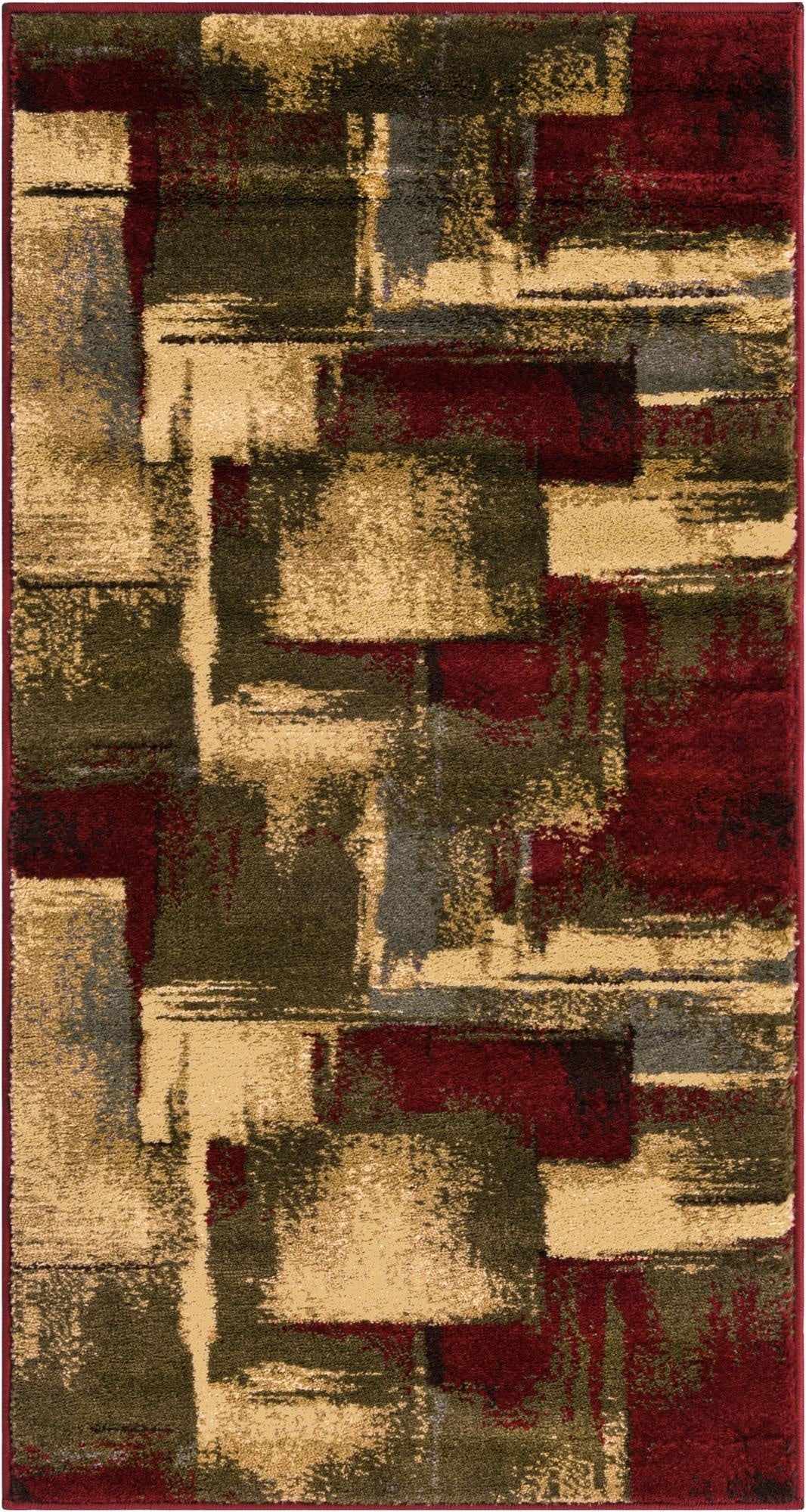 A 4 ft runner rug featuring an abstract, transitional pattern in shades of red, beige, olive green, and gray.