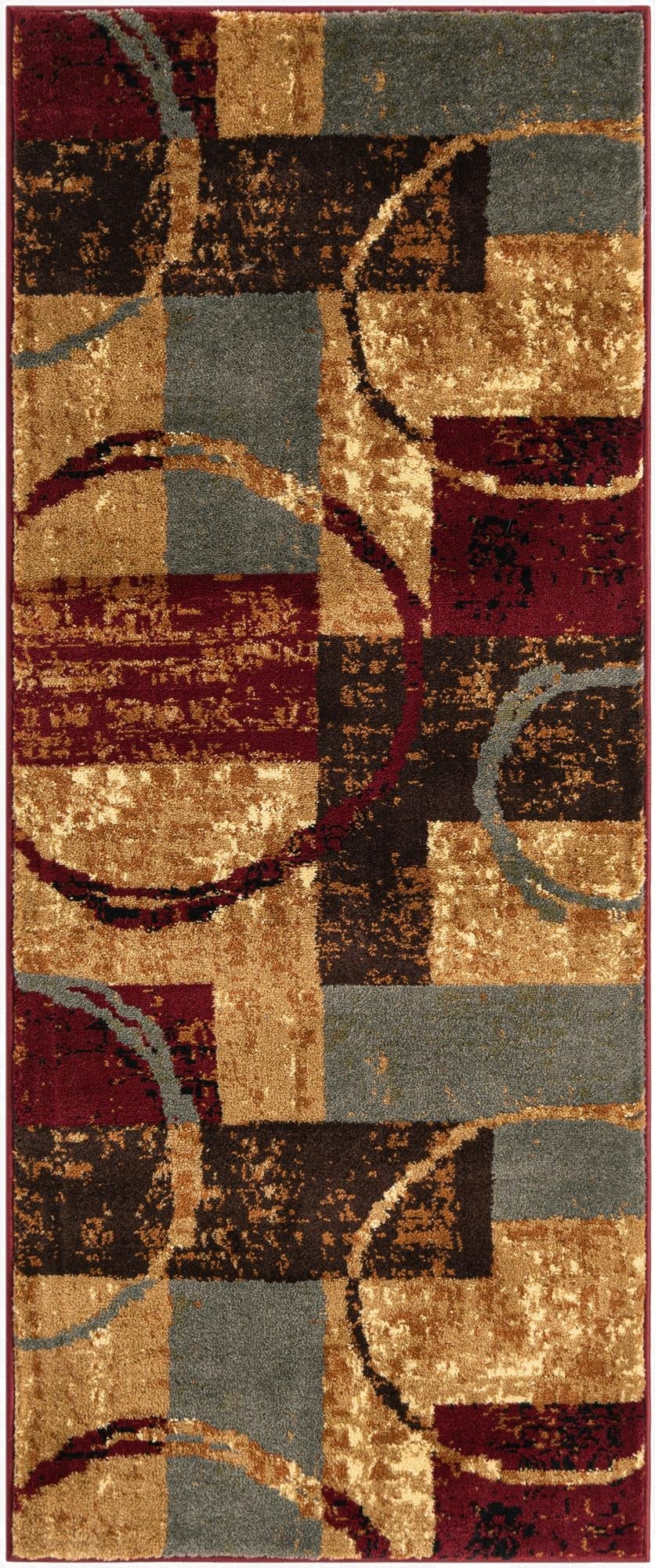 A 5 ft runner rug with a modern abstract pattern in multi-colored hues of gold, red, brown, and grey, ideal for a hallway.