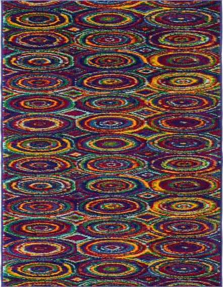 A vibrant 12 ft runner rug featuring a multi-colored abstract pattern of concentric circles and diamonds, perfect for a hallway.
