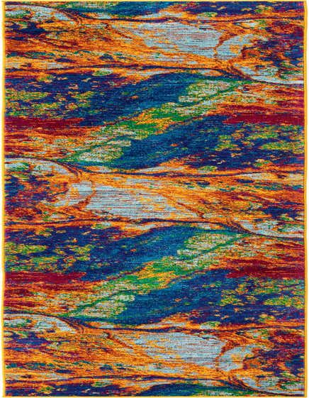 A vibrant 10 ft multi-colored runner rug with an abstract, eclectic pattern featuring bold blues, oranges, reds, and greens, ideal for a hallway.