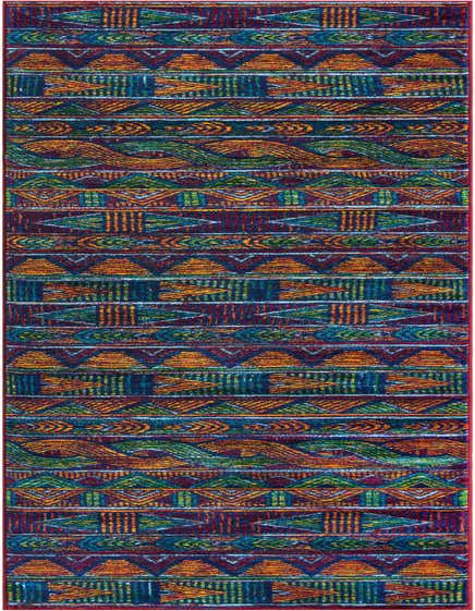 A vibrant 12 ft runner rug with a multi-colored modern abstract pattern, featuring various geometric shapes and stripes in shades of blue, orange, green, and red.