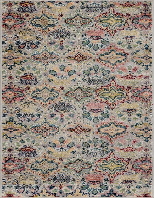 A 10 ft runner rug with a multi-colored transitional floral pattern on a light gray background, ideal for a hallway.