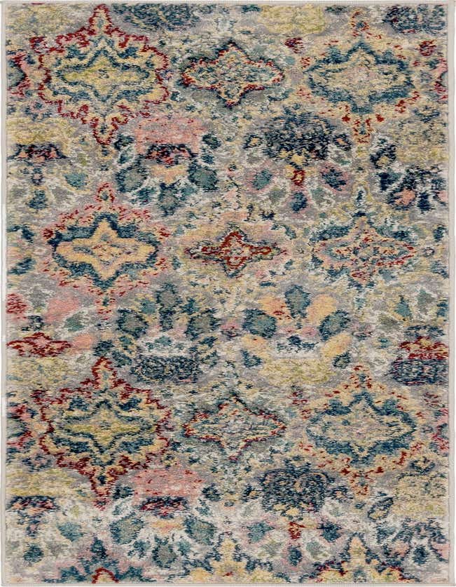 A 6 ft runner rug with a multi-colored transitional floral pattern in shades of red, yellow, blue, and pink on a grey background.