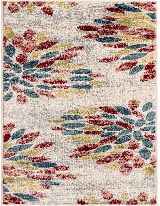A 6 ft runner rug featuring a modern floral pattern with multi-colored leaves in red, blue, pink, and yellow on a light gray background.