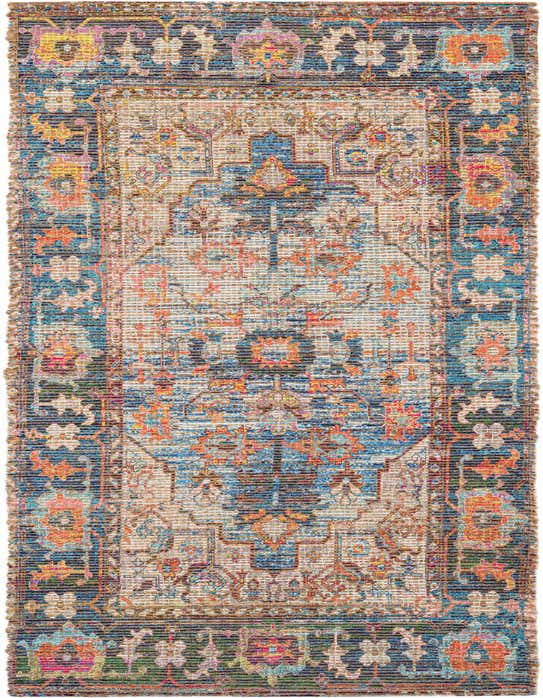 A multi-colored 8 ft runner rug with a traditional floral and vintage pattern, featuring shades of blue, orange, and beige, ideal for a hallway.