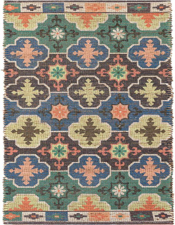 A multi-colored 8 ft runner rug with traditional oriental patterns in blue, green, orange, and brown, suitable for a hallway or kitchen.