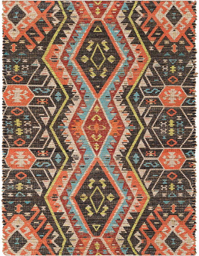 A multi-colored 6 ft runner rug featuring a vibrant geometric and tribal pattern in orange, blue, yellow, and black.