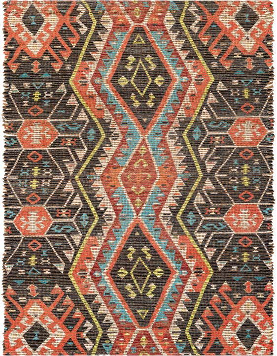 A multi-colored 8 ft runner rug featuring a vibrant geometric pattern with orange, blue, and yellow accents on a dark background, ideal for a hallway or kitchen.