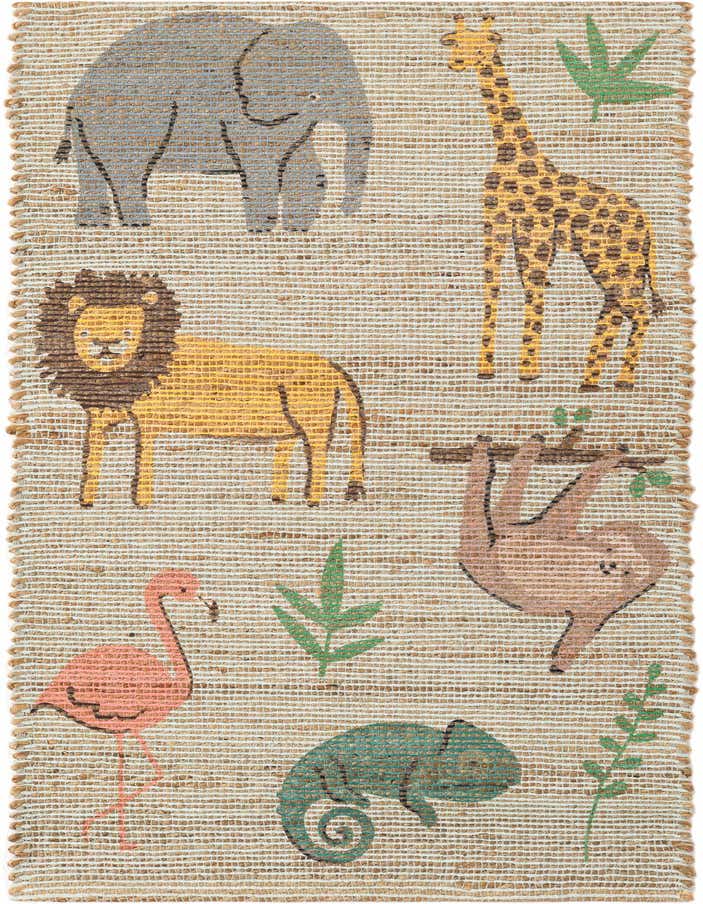 A multi-colored Chenille & Jute runner rug featuring an elephant, giraffe, lion, sloth, flamingo, and chameleon.