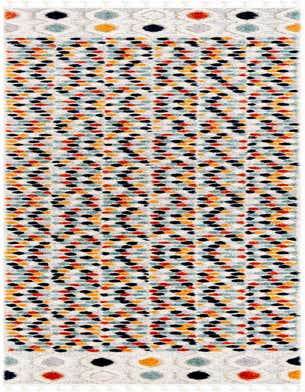 A 16 ft runner rug with a high, textured pile, featuring a multi-colored tribal pattern of dots and diamonds on a light background, ideal for a hallway.