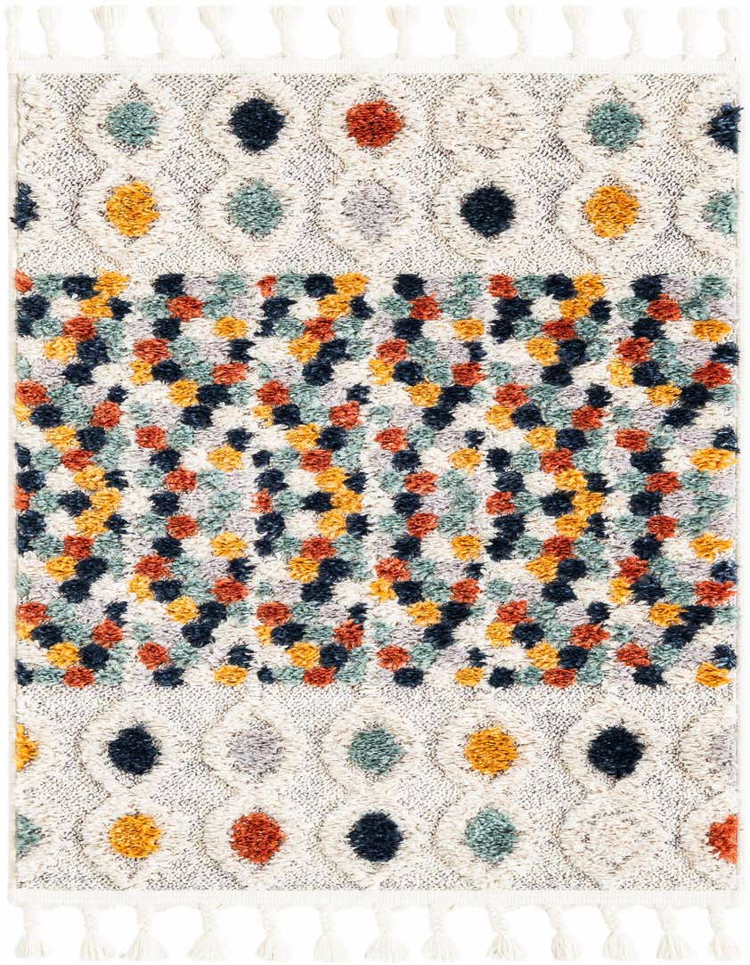 A 4 ft multi-colored tribal runner rug with high pile and tassels, featuring diamond and speckled patterns.