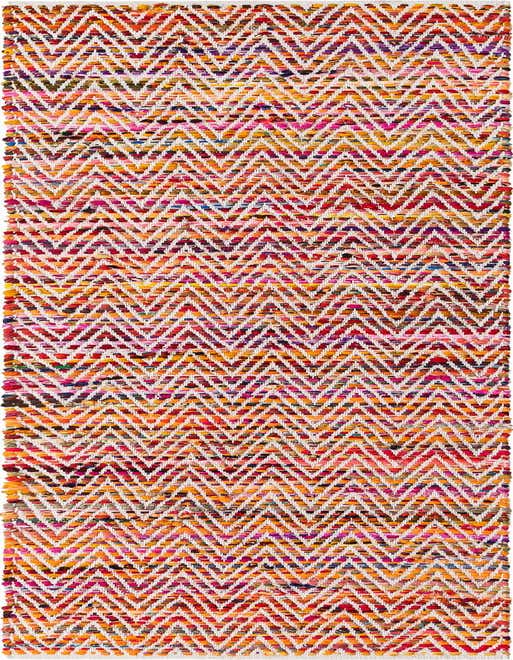 A vibrant multi-colored 10 ft runner rug with a distinct chevron pattern, ideal for a hallway.