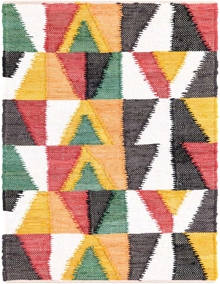 A vibrant multi-colored Chindi Cotton runner rug featuring a modern abstract geometric pattern with red, green, black, orange, yellow, and white triangles.