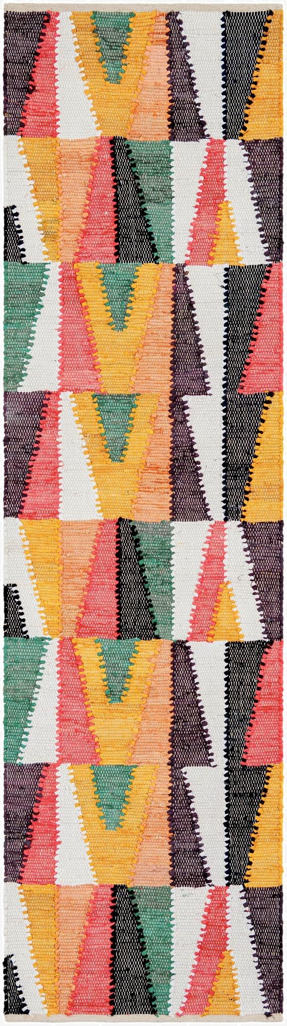 A vibrant, multi-colored Chindi Cotton runner rug featuring a modern abstract pattern of interlocking triangles in coral, yellow, green, black, and white.
