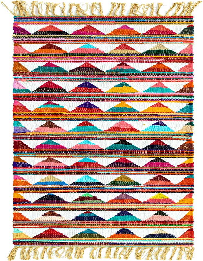 A vibrant 6 ft multi-colored runner rug with a bohemian geometric triangle pattern and fringe, ideal for hallways.