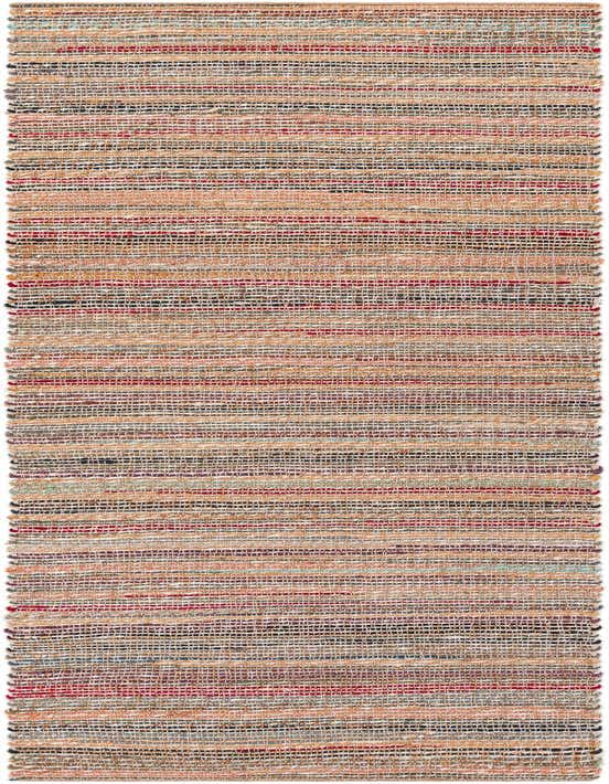 A 10 ft multi-colored runner rug with horizontal stripes of natural jute, red, blue, and black, perfect for a hallway.