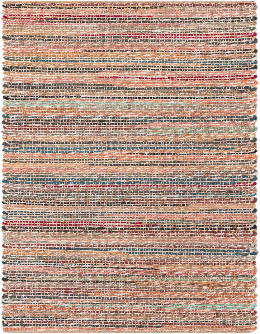 A 5 ft runner rug, handmade from jute and cotton, featuring a multi-colored striped pattern in warm and cool tones, ideal for hallways.