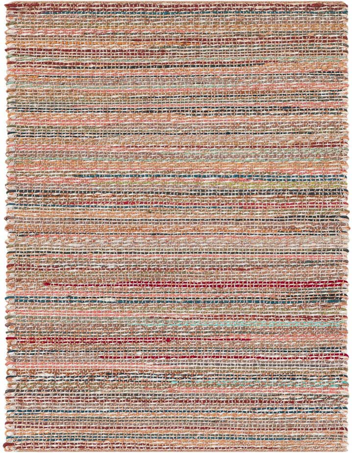 A 6 ft multi-colored runner rug made from chunky jute and cotton, featuring horizontal stripes in various natural and vibrant hues, perfect for a hallway.